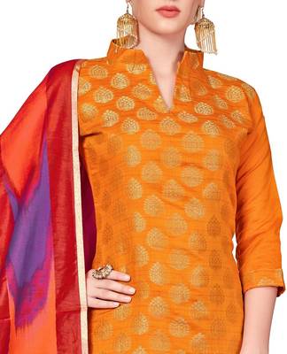 Women's Orange Banarasi Cotton Salwar Suit With Rainbow Banarasi Dupatta 2