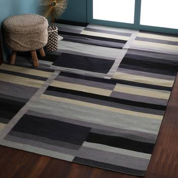 PEQURA Grey Woollen Abstract Patterned Hand Woven Rectangular Kilim Carpet 1