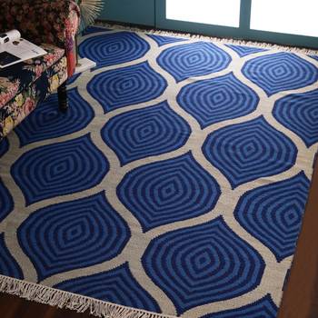 PEQURA Blue and Beige Woollen Stripes Patterned Hand Woven Carpet 1
