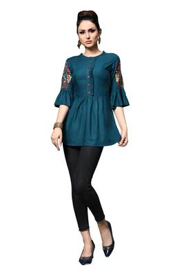 Women'S Blue Color Rayon Designer Multi Embrodiery Work Crop Top Kurti 1