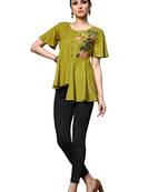 Women'S Green Color Rayon Designer Multi Embrodiery Work Crop Top Kurti