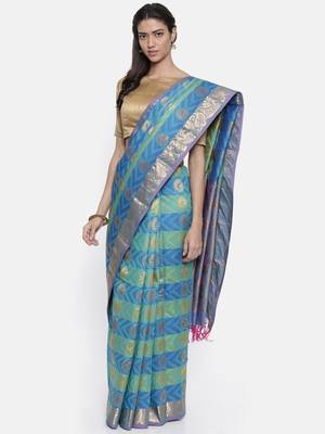 CLASSICATE from the house of The Chennai Silks Women's Blue Pure Dharmavaram Silk Saree With Blouse 1