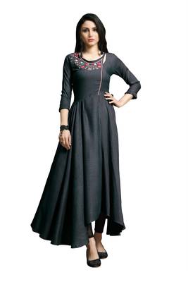 Women'S Purple Color Namo Cotton Designer Multi Embrodiery Work Gown Kurti 1