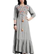 Women'S Grey Color Namo Cotton Designer Multi Embrodiery Work Gown Kurti