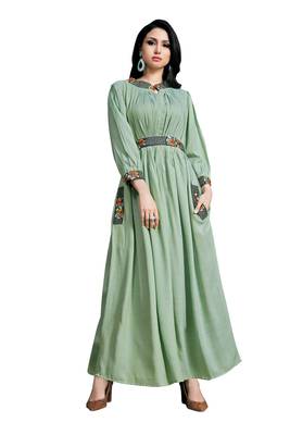 Women'S Sea Green Color Namo Cotton Designer Multi Embrodiery Work Gown Kurti 1