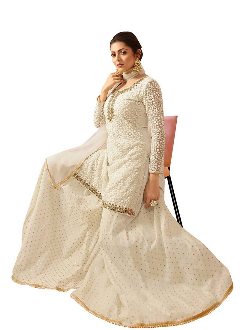 OFF-WHITE EMBROIDERED NET SEMI STITCHED SALWAR with dupatta 