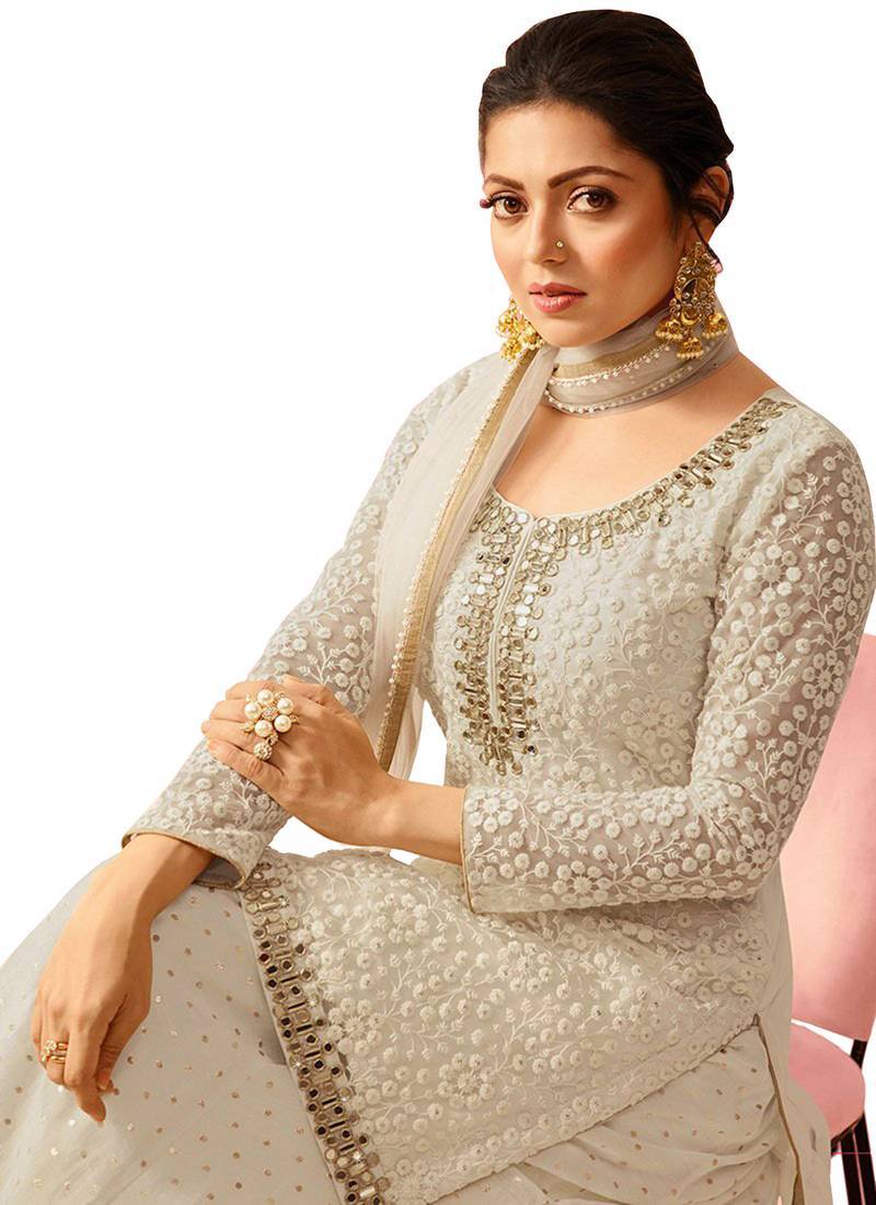 OFF-WHITE EMBROIDERED NET SEMI STITCHED SALWAR with dupatta 