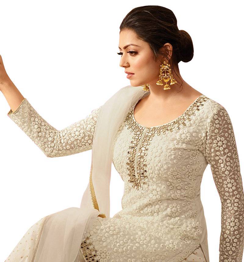 OFF-WHITE EMBROIDERED NET SEMI STITCHED SALWAR with dupatta 