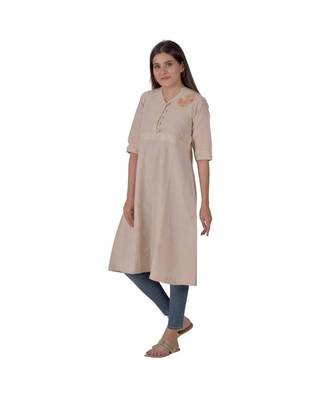 Beige Kurta With Floral Embroidery In Khadi Cotton 2