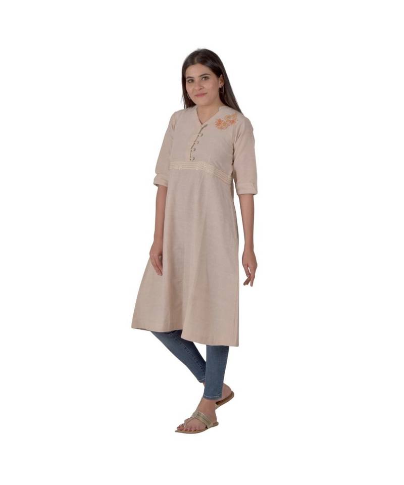Beige Kurta With Floral Embroidery In Khadi Cotton