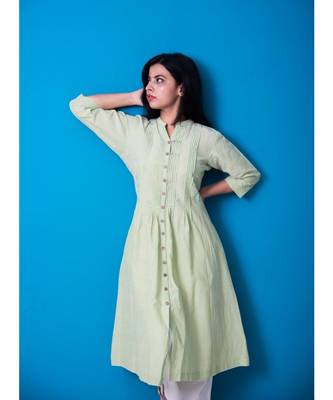 Green Front Pleated Geometry Work Khadi Cotton Kurta 1
