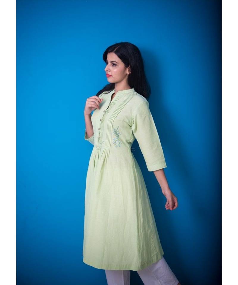 Green Front Pleated Geometry Work Khadi Cotton Kurta