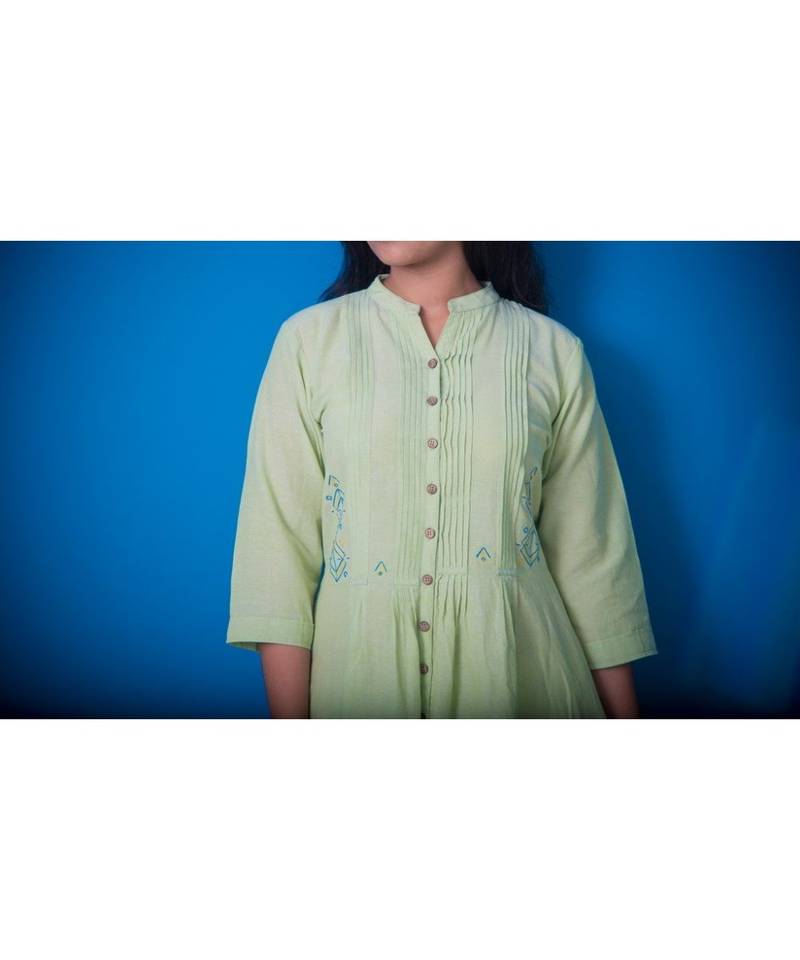 Green Front Pleated Geometry Work Khadi Cotton Kurta