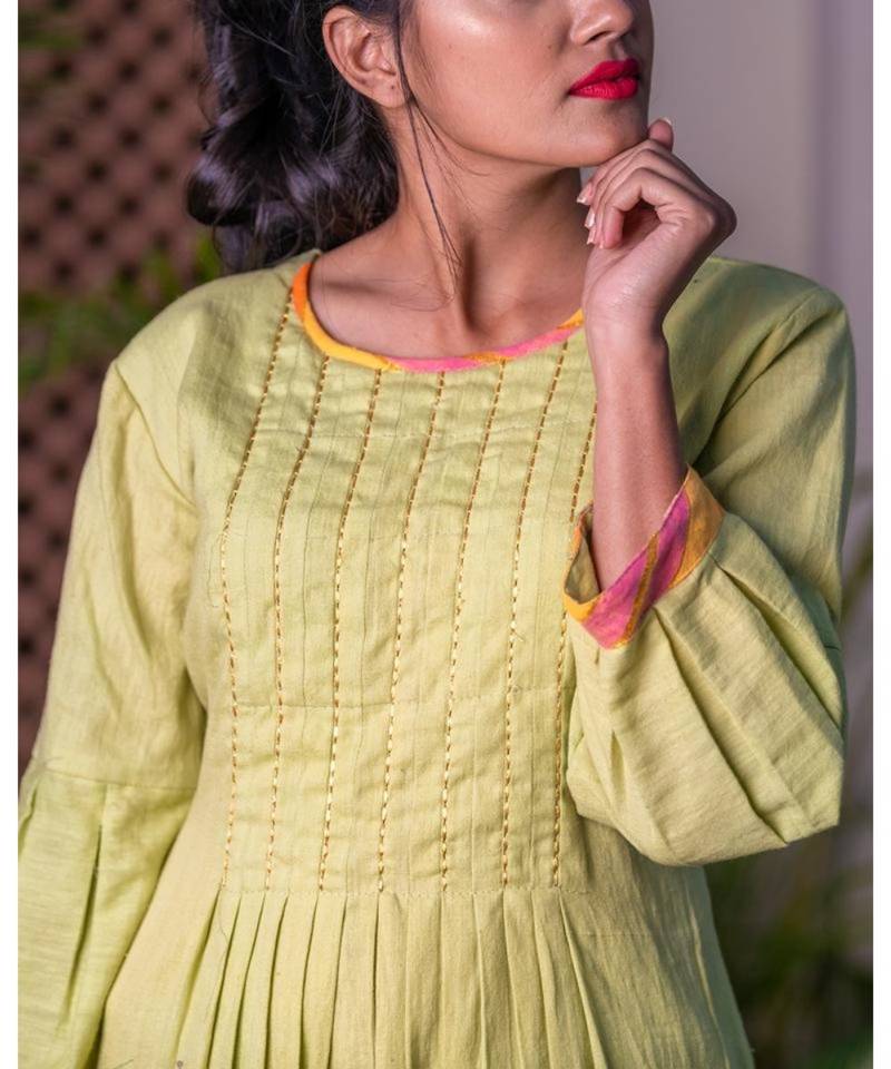 Green Front Pleat Golden Jari Kurta