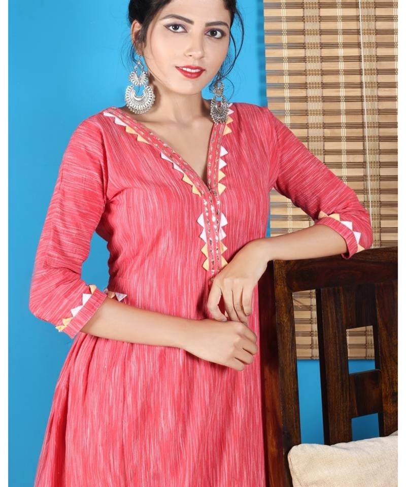 Carrot Red Mandarin Collar With Geometric Design Kurta