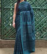 Blue Bagh Print Cotton Saree With Blouse