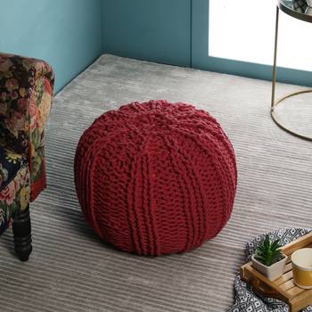 PEQURA Pink Cotton Hand Knitted Textured Round Pouf 1