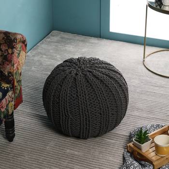 PEQURA Off-White Cotton Hand Knitted Textured Round Bean Pouf 1