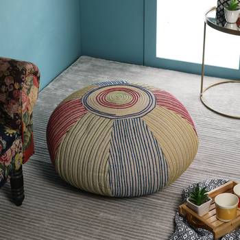 PEQURA Beige Jute Hand Knitted Foam Textured Round Pouf 1
