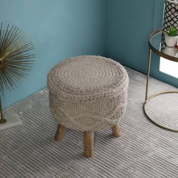 PEQURA Off-white Cotton Hand Knitted Textured Foam Pouf 1