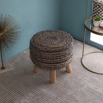 PEQURA Beige Jute Hand Knitted Foam Round Textured Pouf 1