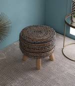 PEQURA Beige Jute Hand Knitted Foam Round Textured Pouf