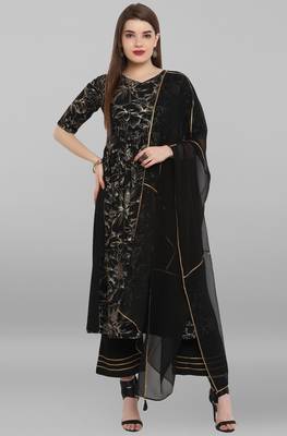 Janasya Black printed crepe ethnic kurta set 1