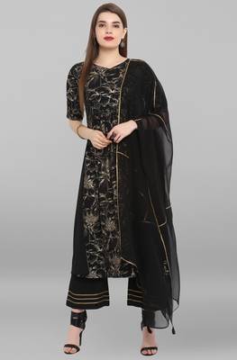 Janasya Black printed crepe ethnic kurta set 2