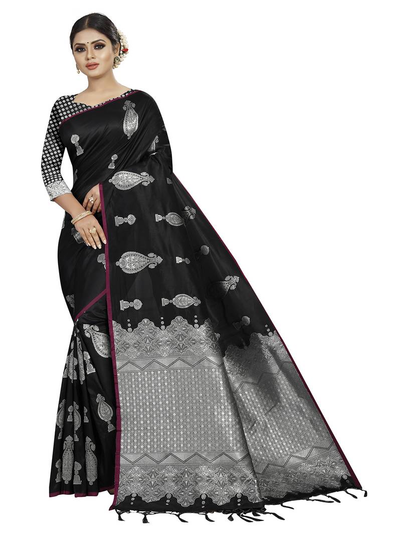 Black Color Art Silk Silver Zari work Saree With Blouse Peice 