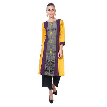 Yellow printed rayon ethnic kurtis 1