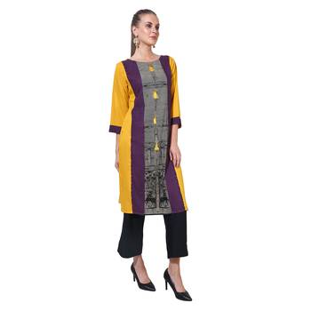 Yellow printed rayon ethnic kurtis 2