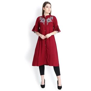 Maroon embroidered rayon kurtas and kurtis 1