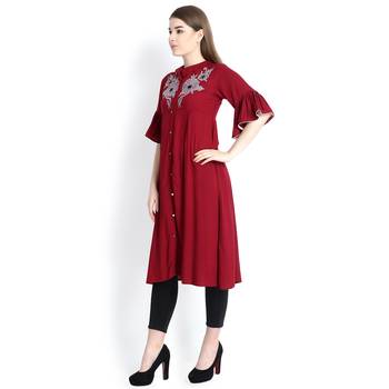 Maroon embroidered rayon kurtas and kurtis 4