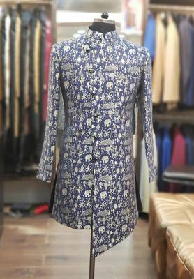Blue printed jacquard sherwani 1