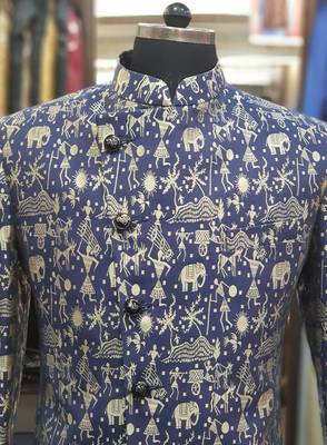 Blue printed jacquard sherwani 2