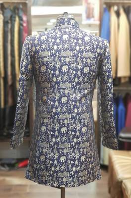 Blue printed jacquard sherwani 3