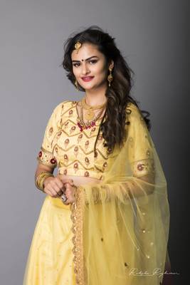 Pale Yellow Brocade And Net Flared Lehenga Choli Dupatta Set 6