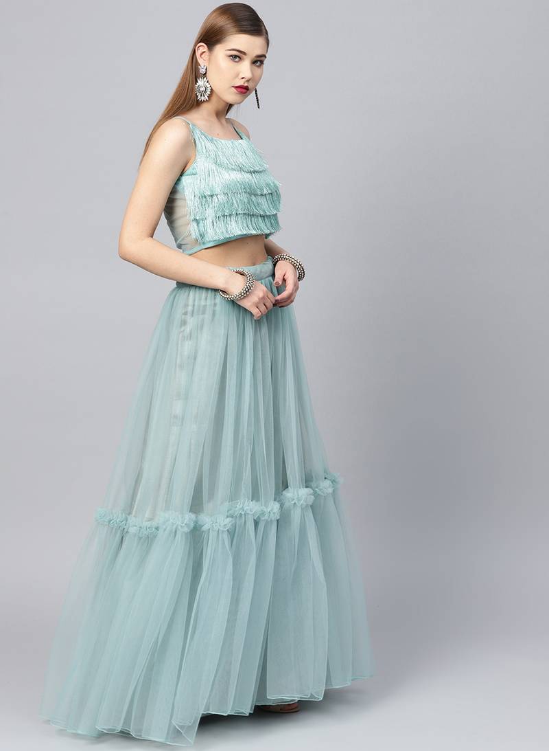 Green Net Ruffle Lehenga Fully Stitched Lehenga With Stitched Blouse & Dupatta