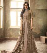 Brown embroidered net semi stitched salwar with dupatta