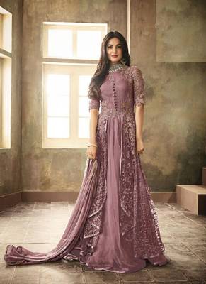 Purple embroidered net semi stitched salwar with dupatta 1