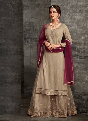 Cream embroidered georgette semi stitched salwar with dupatta 1