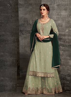 Parrot-green embroidered georgette semi stitched salwar with dupatta 1