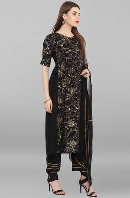 Janasya Black printed crepe ethnic kurta set 4