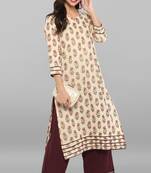 Janasya Cream printed cotton ethnic kurta set