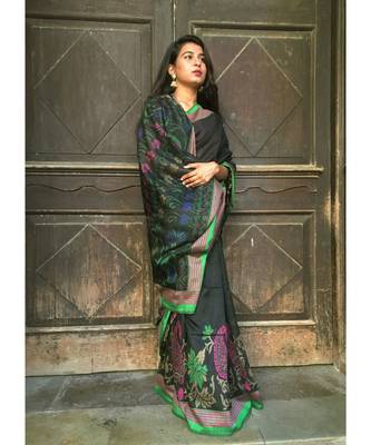 Black printed art silk saree with blouse 1