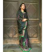 Black printed art silk saree with blouse