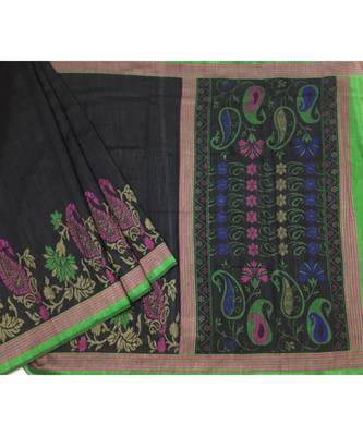 Black printed art silk saree with blouse 2