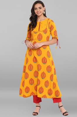 Janasya Mustard printed crepe kurtas and kurtis 1