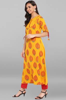 Janasya Mustard printed crepe kurtas and kurtis 3