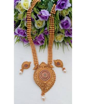 Lovely Designer Matt Finish Long Haaram With Mango Pendant & Matching Ear Rings 1